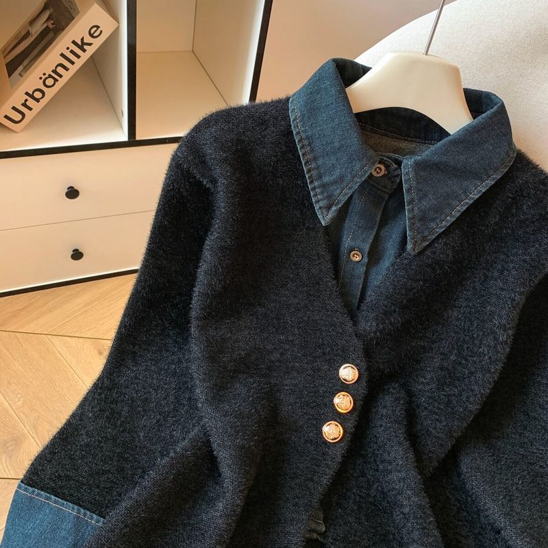Korean-Style Denim Patchwork Faux Two-Piece Knitted Cardigan for Women, 2025 Winter New Fashion Stylish Soft Sweater Coat
