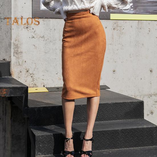 Fusta creion pentru femei, cu talie înaltă, cu șold înfășurat, de culoare uni, din piele de căprioară, cu design cu fantă în spate, cu fermoar, până la genunchi.