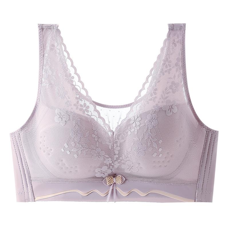 

Тонкий бюстгальтер для женщин на лето без косточек, кружевной, с двойной застежкой, предотвращающий обвисание 42/95C фиолетовый