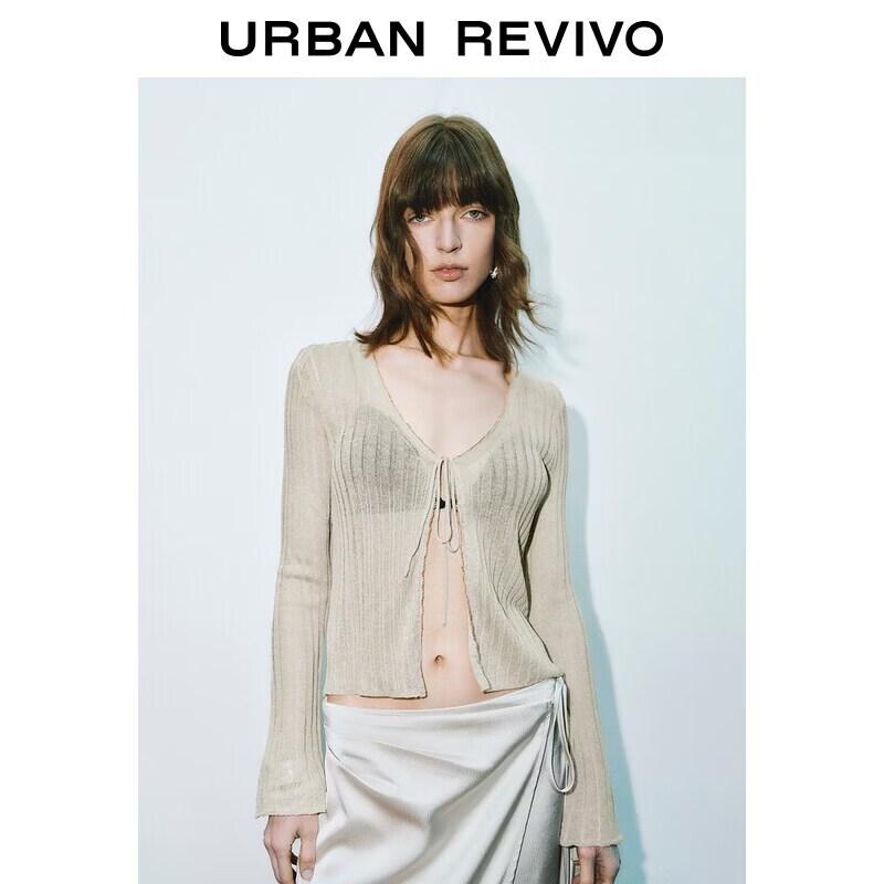 UR2026 Tie-Waist Contrast Stitch Knit Cardigan XS легкие хаки