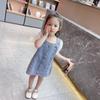 Children Dress Summer Girl's Denim Skirt with Strap Single Breasted Ruffle Short Sleeve Denim Skirt