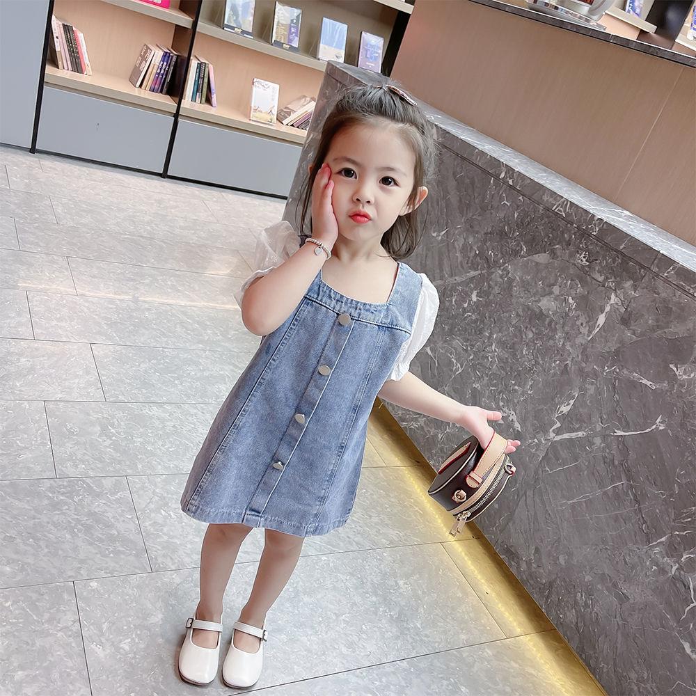 Children Dress Summer Girl's Denim Skirt with Strap Single Breasted Ruffle Short Sleeve Denim Skirt