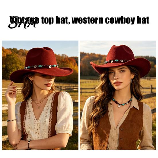 Fashionable Outdoor Felt Hat Wool Fedora, Unisex Western Cowboy Hat, Retro Wide Brim Stylish Winter Accessories Cowgirl Jazz for Women Men Autumn