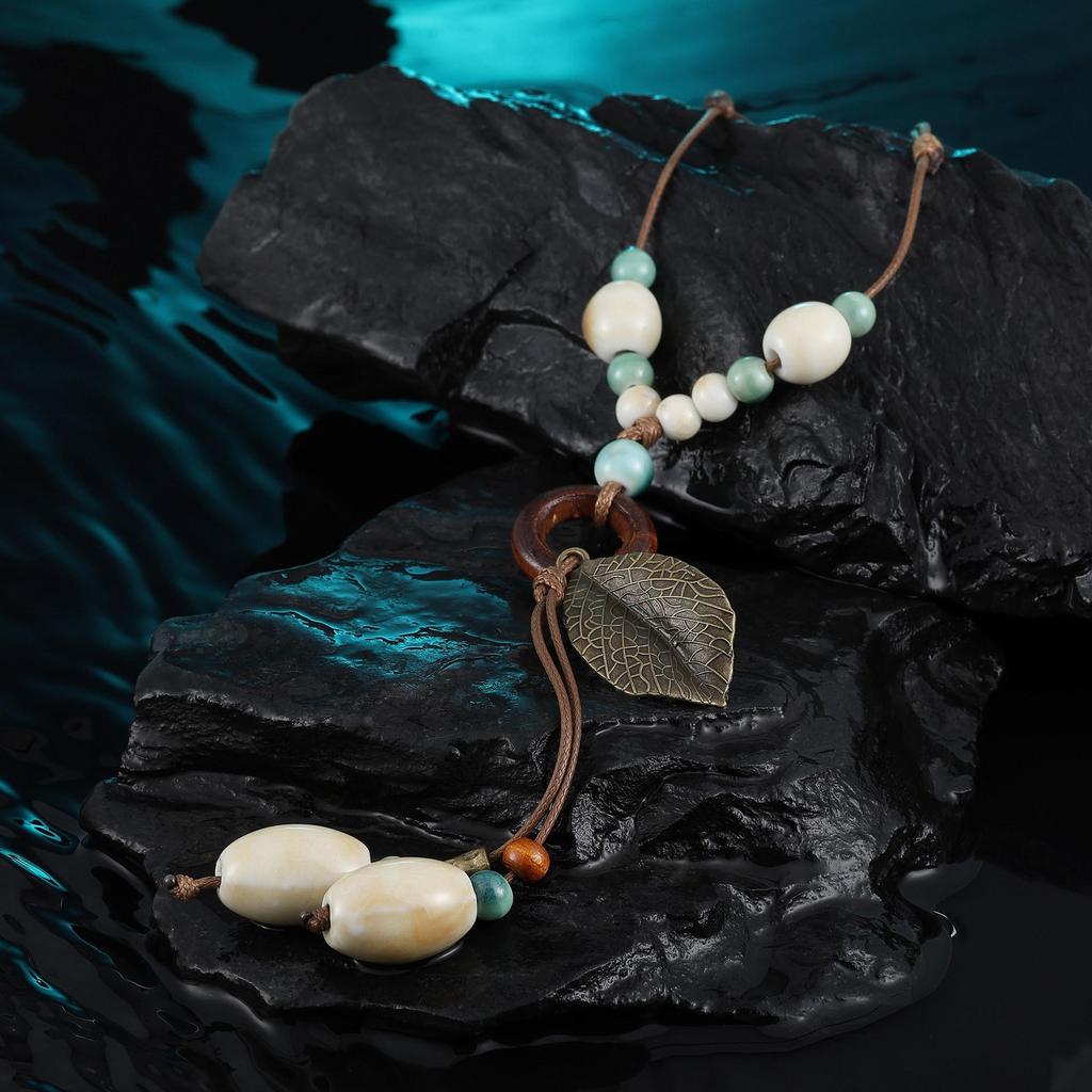 Ethnic Style Ceramic Leaf Tassel Necklace for Women - Autumn/Winter Accessories