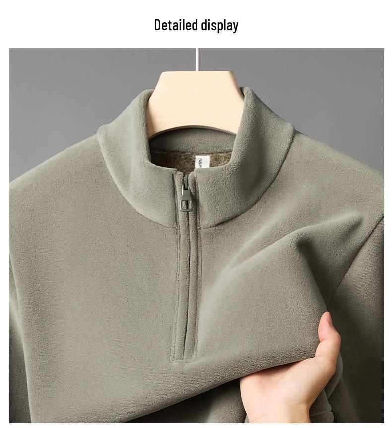 2025 Winter Men's Ollie Fleece Flannel Half-Zip Stand Collar Hoodie with Plus Velvet for Warmth and Cold Protection