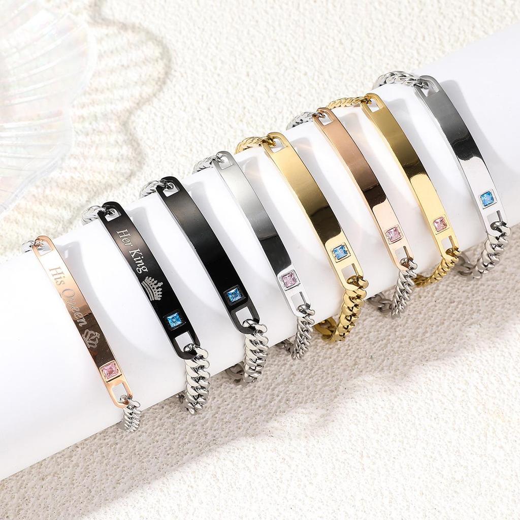Crown Heart Zirconia Engravable Titanium Steel Couple Bracelet - Valentine's Day Gift