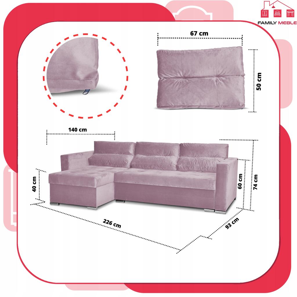 Varius Corner Sofa Bed with Sleeping Function Family Furniture Cornea Lilac Pink
