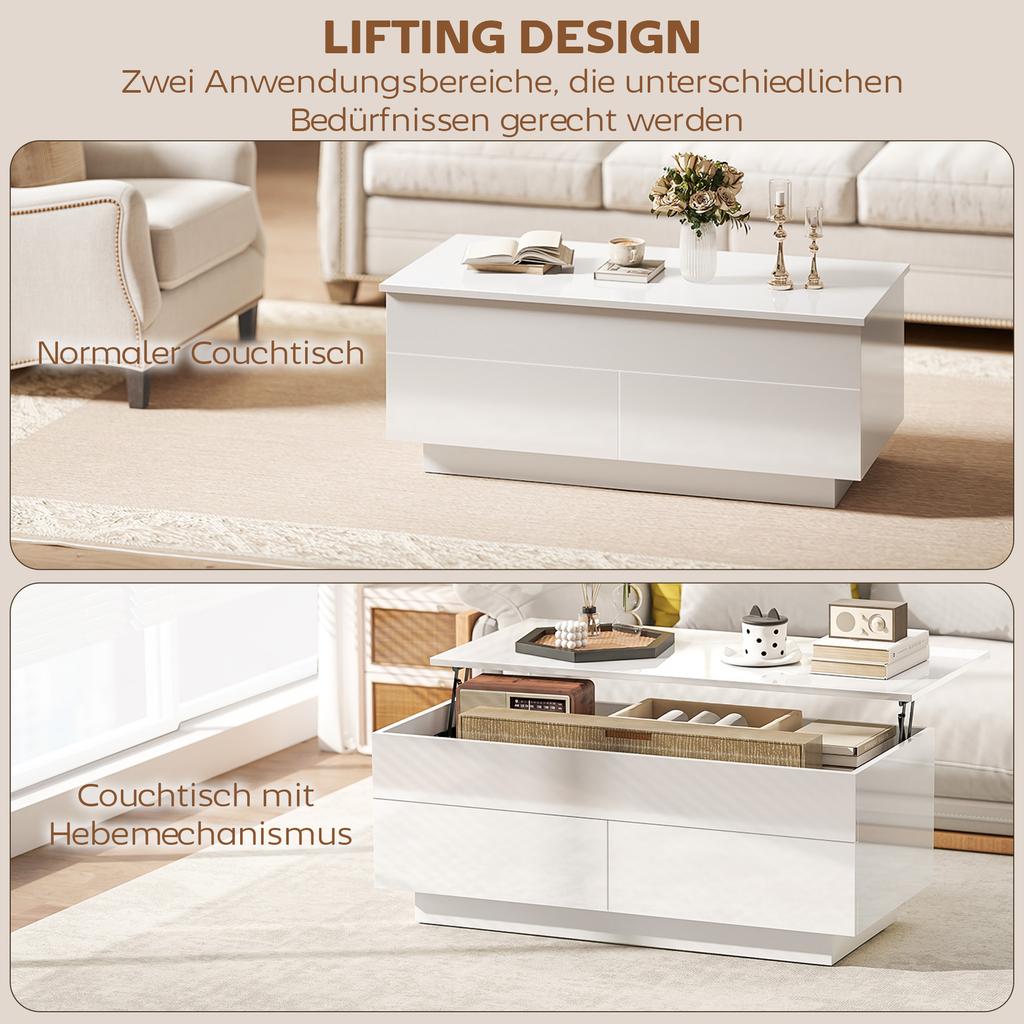 Height-Adjustable Coffee Table, Modern Living Room Table with Hidden Storage Space and 2 Drawers, High-Gloss White