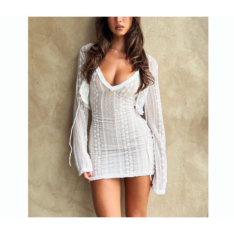 

New Arrival Beach Long Sleeves Sexy V-neck Dress Cardigan New White Short L