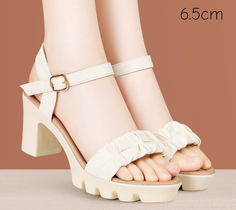 6.5cm 8.5cm Comfortable Wavy Soft Leather Sandals Platform Shoes 2025 Summer Block High Heels Sandals for Office Model Mom