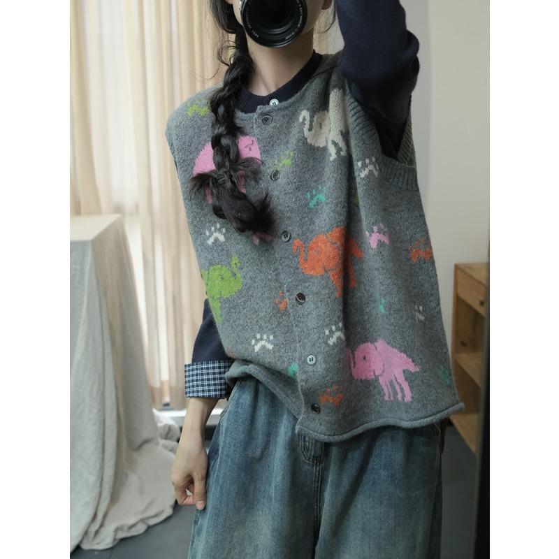 Dimanaf 2025 Women Sleeveless Buttons Autumn Vest Sweaters Style Printing  Knitting Casual Loose Sweater