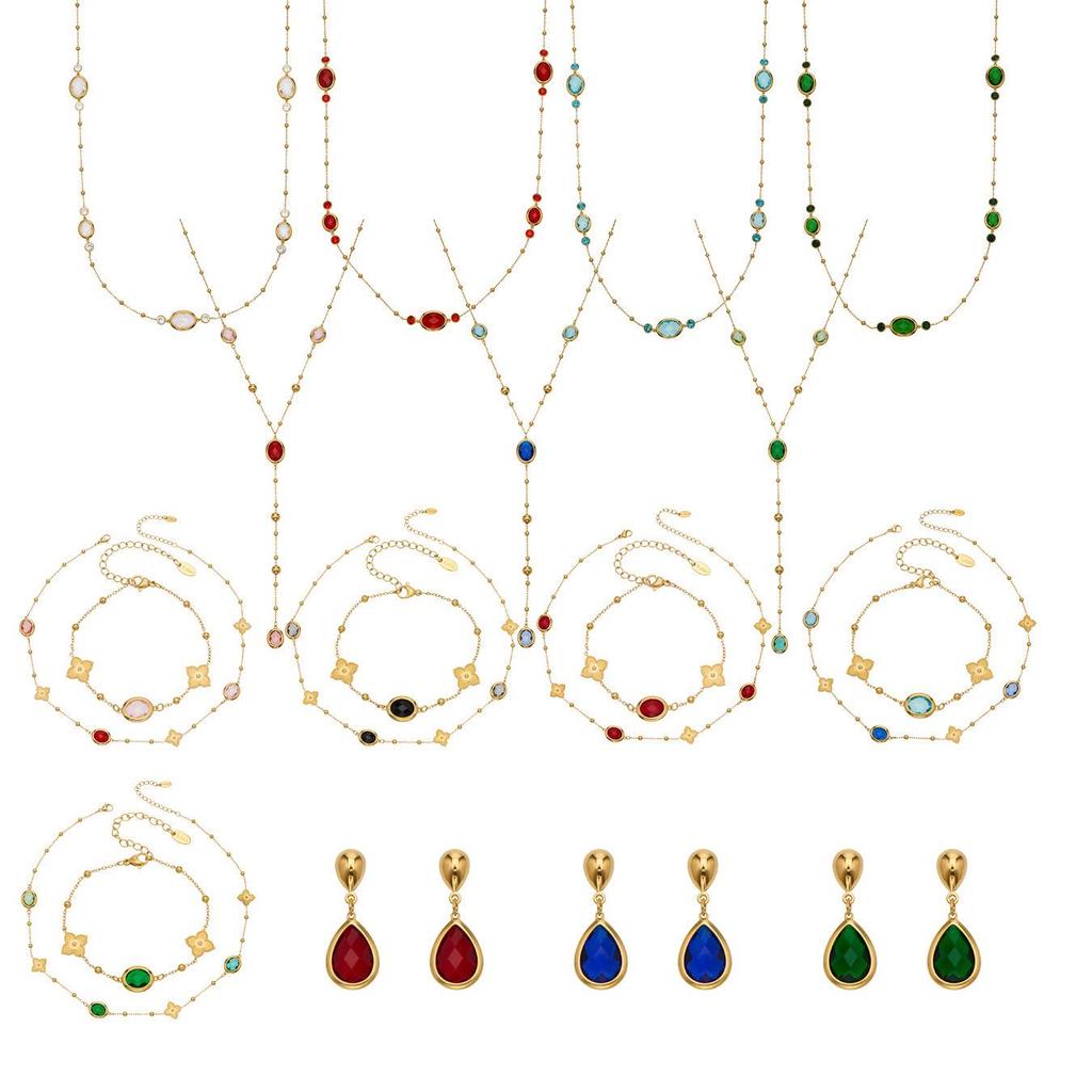 18K Gold-Plated Stainless Steel Jewelry Set: Bead Chain Necklace & Earrings with Oval Bezel Faceted Glass Stone.