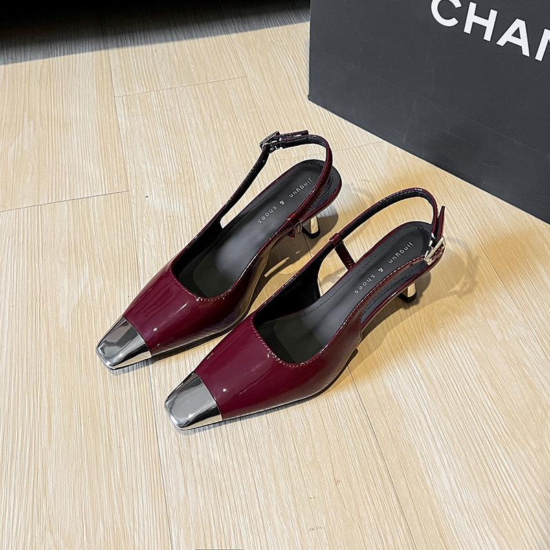 

European and American high-heeled patent leather shoes 2024 new summer sexy square head thin heel metal iron head empty bag head sandals women 40 бордовий