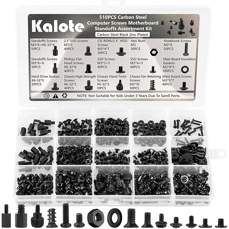 510PCS Computer Screws Assortment Kit, Carbon Steel Black Zinc Plated Motherboard Standoffs Screws PC Screws for HDD, SSD Hard Drive Fan, Power