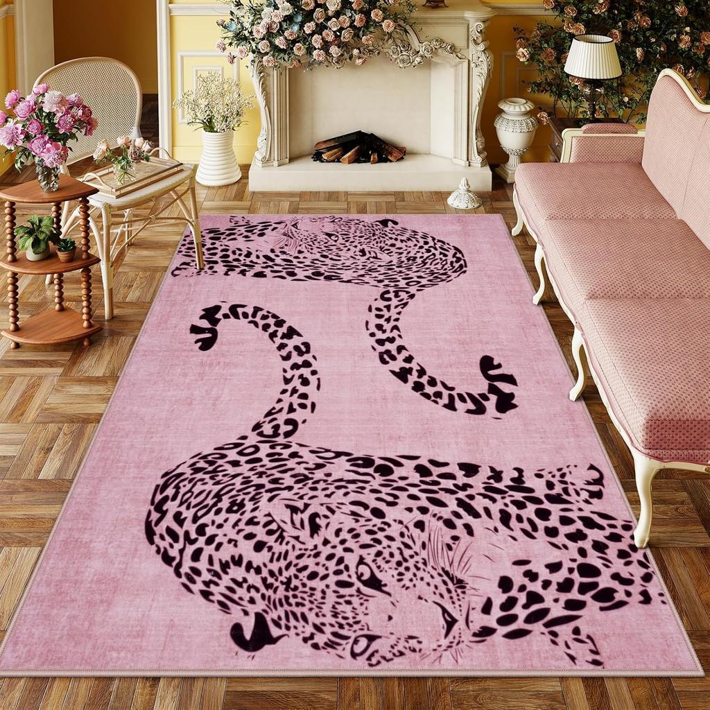 Minimalist Leopard Silhouette Themed Rug,Anti-Slip Mat with Blush Pink Base Living Room Bedroom,Chic Exotic Decorative Carpet