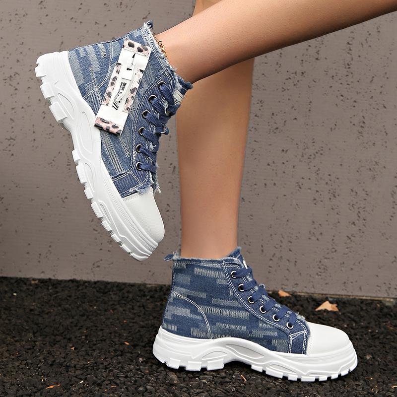 Fashion High Top Lace Up Denim Canvas Shoes for Women 2025 Thick Sole Zipper Decor Sneakers Woman Breathable Soft Sole Sneakers Mujer