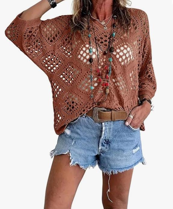 Cardigan lavorato a maglia da donna con scollo a V, intagli a forma di diamante e maniche a pipistrello, per la primavera/estate europea