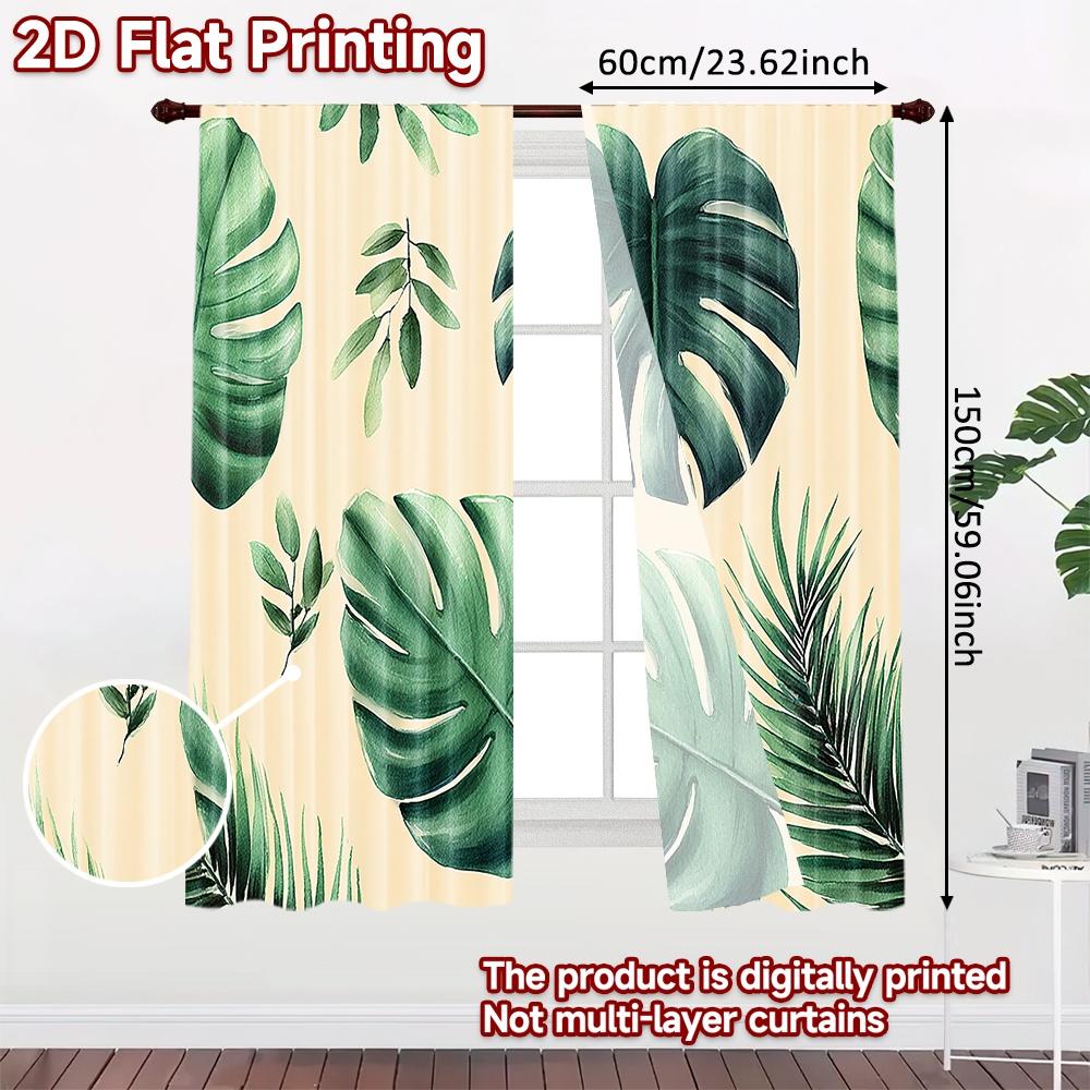Sheer Flat Printing Curtains Without Rod Green Leaf Collection New Year Festival Fashion Semi Curtain Set Of 2 Made Polyester Washable