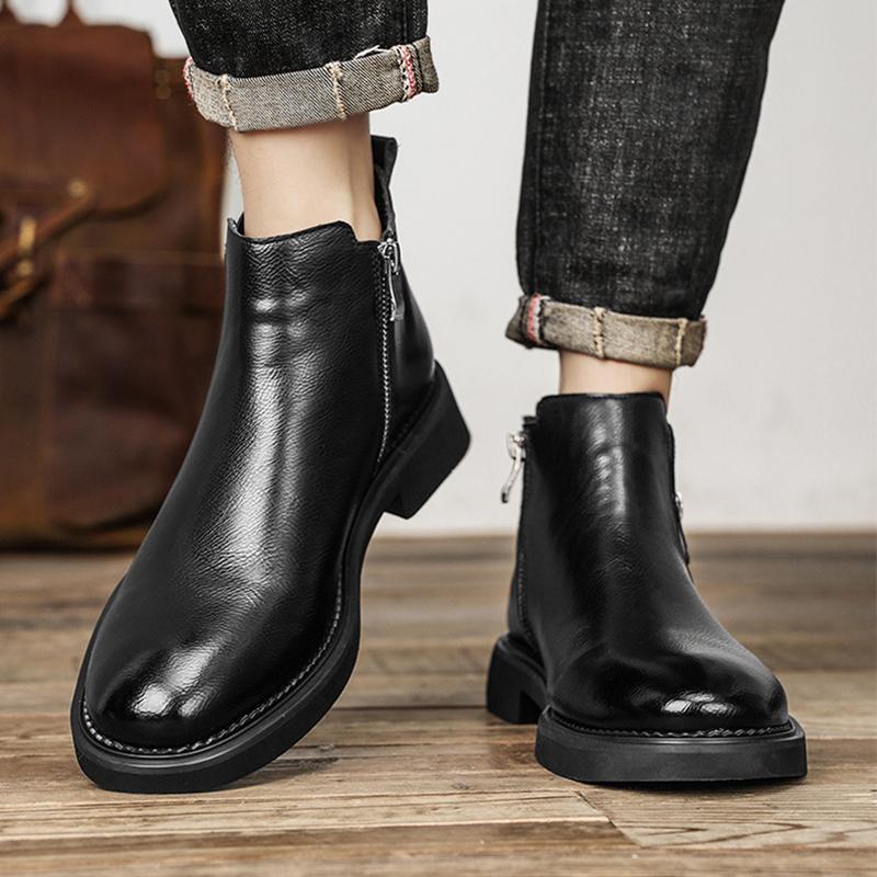 Fashion 2025 Winter Genuine Leather Shoes Mens Fashion Chelsea Boots Warm Plush British Style Cow Leather Brand Male Footwear D560