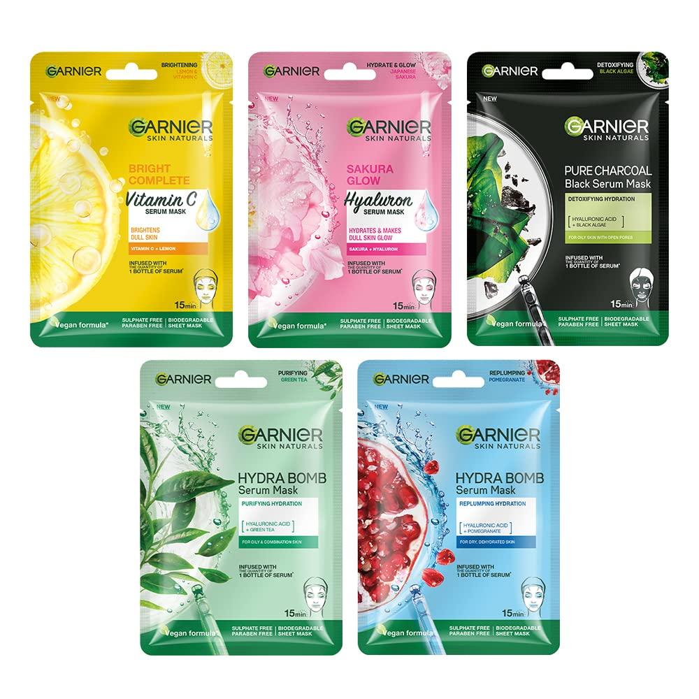 Garnier Skin Naturals, Набор масок для лица, Увлажняющая, Сужающая поры, Осветляющая, Придает сияние, Маска-сыворотка Hydra Bomb и Черная маска-сыворотка, 5 шт., 140 г 5 pcs, 140g