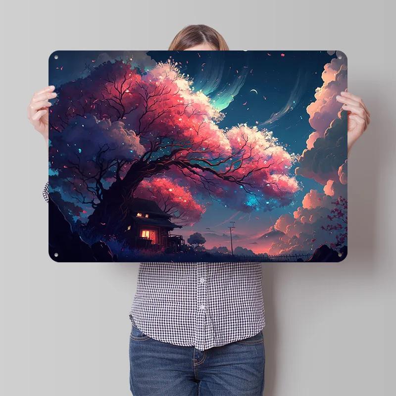Magical Sakura Personalized D Textured Metal Poster Wall Art Tinplate Sign for Interior Decoration Living Room Accessories Home