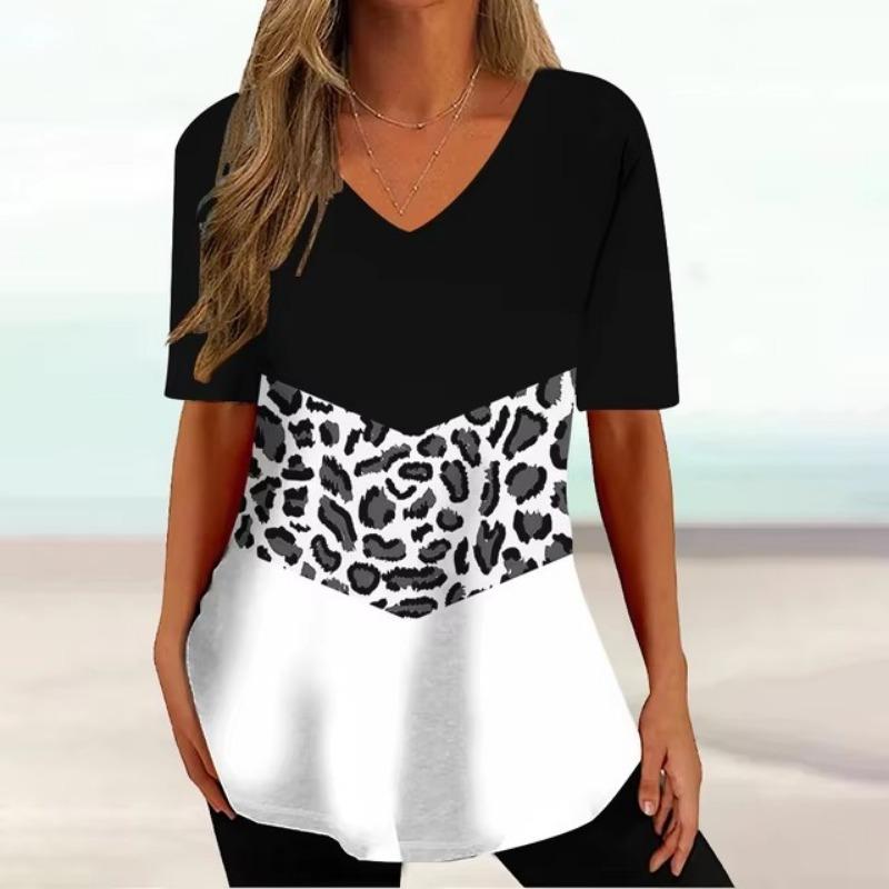 3D Printing Vintage T Shirt Women Summer V-Neck Pullover Short Sleeve Ladies Clothing Simple Black Women's T-Shirt Streetwear