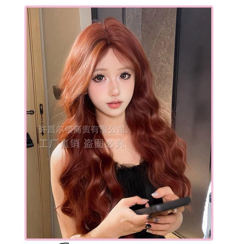 Womens Wig Long Curly Hair Orange Brown Water Wave Natural Realistic Full Lace Daily Use