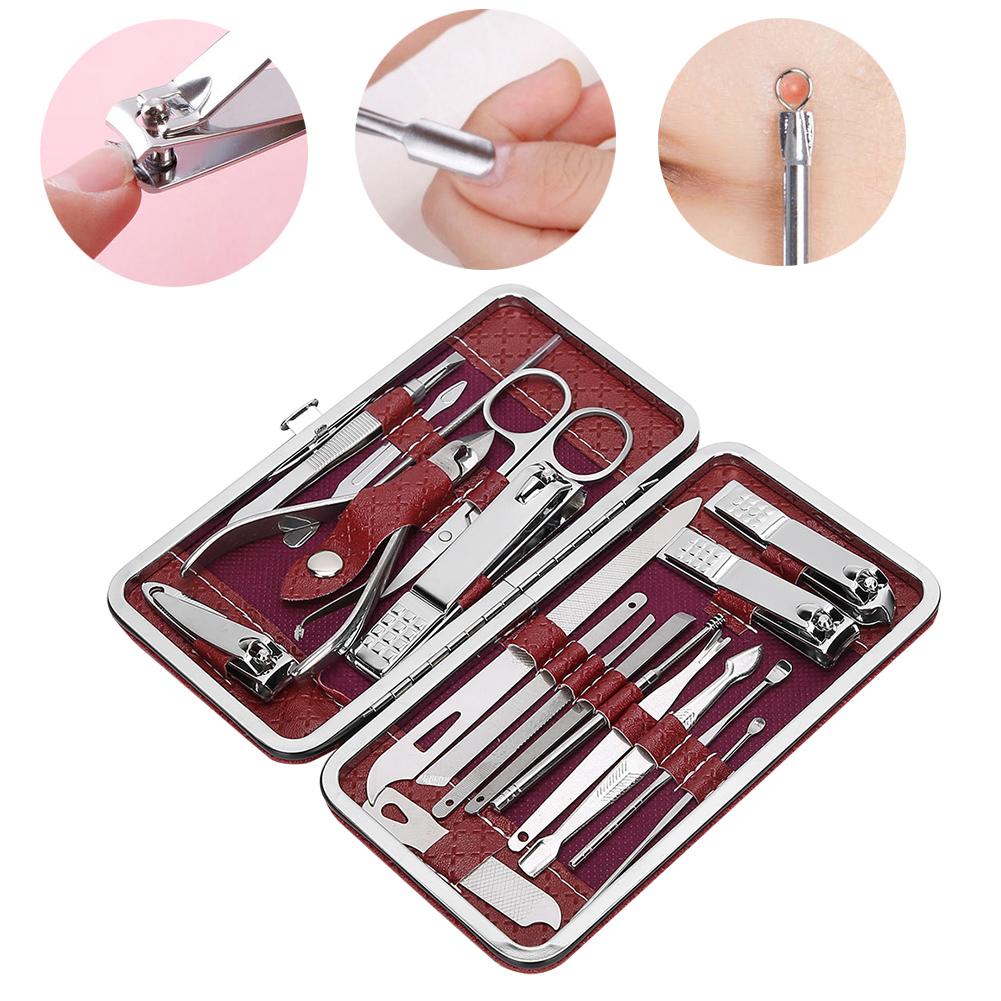 19pcs Manicure Pedicure Nail Clippers Set Stainless Steel Acne Removal Tool KitBurgundy