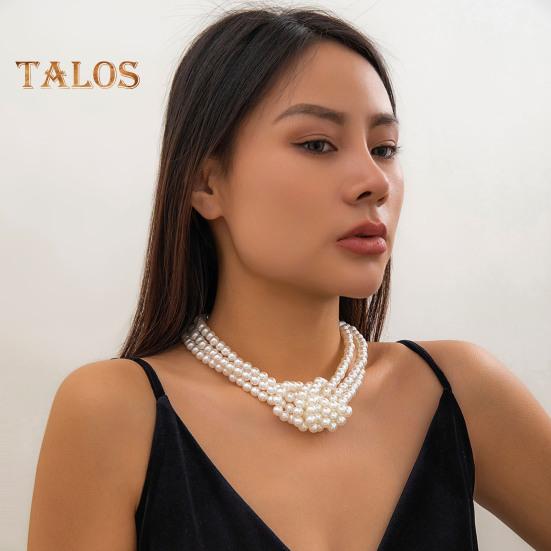 Women Necklace Smooth Multi-layered Faux Pearl Adjustable Length Stainless Alloy Neck Decoration Jewelry Birthday Gift Party Prom Choker Necklace