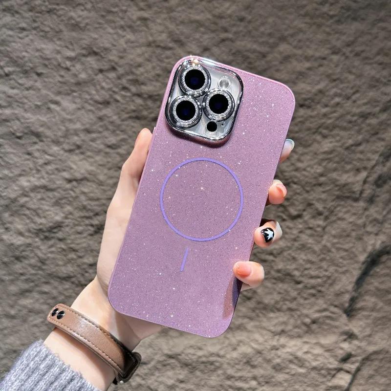 Glitter Glass Camera Protector Phone Case for For Iphone 1 14 16 Plus 11 12 13 16 Pro Max Shining Magnetic Shockproof Cover