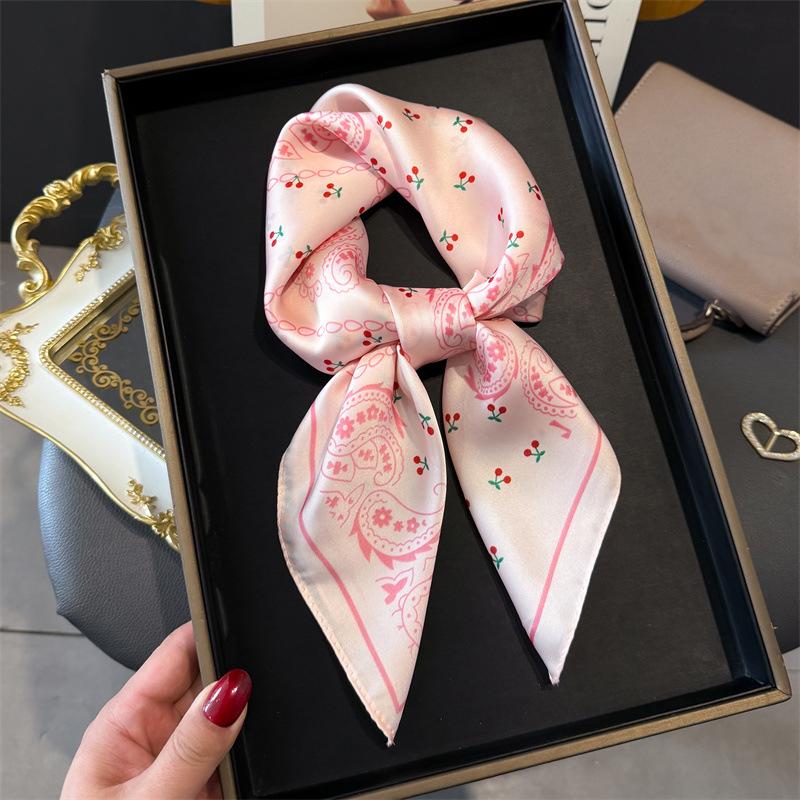 1PCS Purple Scarf Cherry Qimeng Printed Silk Scarf Square Scarf Premium Shawl Sunscreen Neck Small Square Scarf Headscarf
