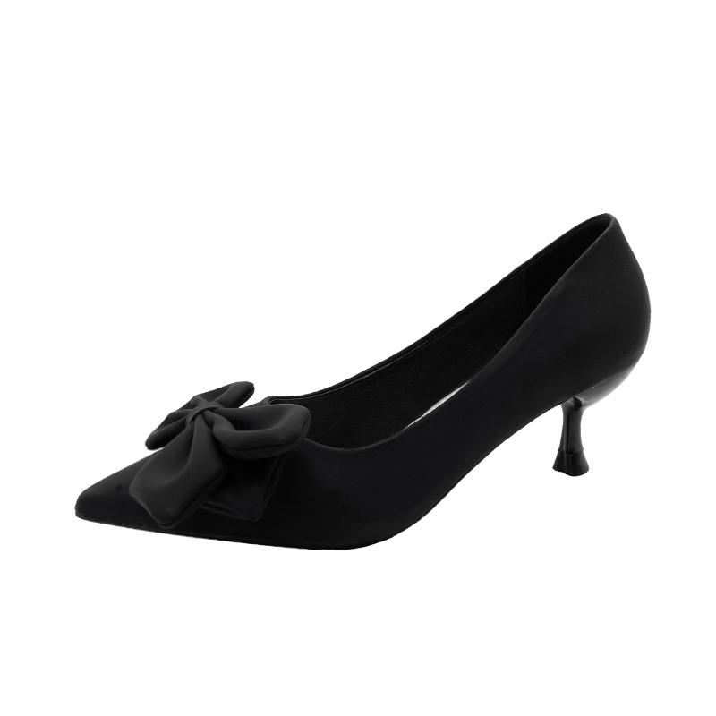 Fashion Thick-heeled Single-shoe Women in 2025, Comfortable, Shallow Mouth, Versatile, Low-heeled, Bow, Pointed Toe, Fashionable