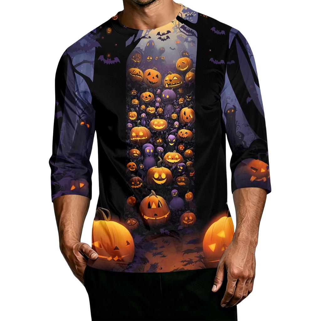 Men's Casual Halloween Printed Crew Neck T-Shirt Three Quarter Sleeve Top Lightweight Comfortable Fit Graphic Tee for Everyday Wear