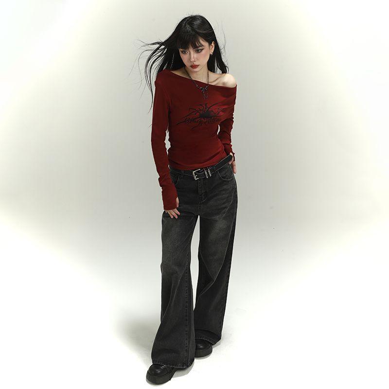 Dámská Y2K Gotická trička Bez ramena Podzim Streetwear Pohádkové jádro Hip Hop Topy Punk Ležérní Trička Dámské oblečení