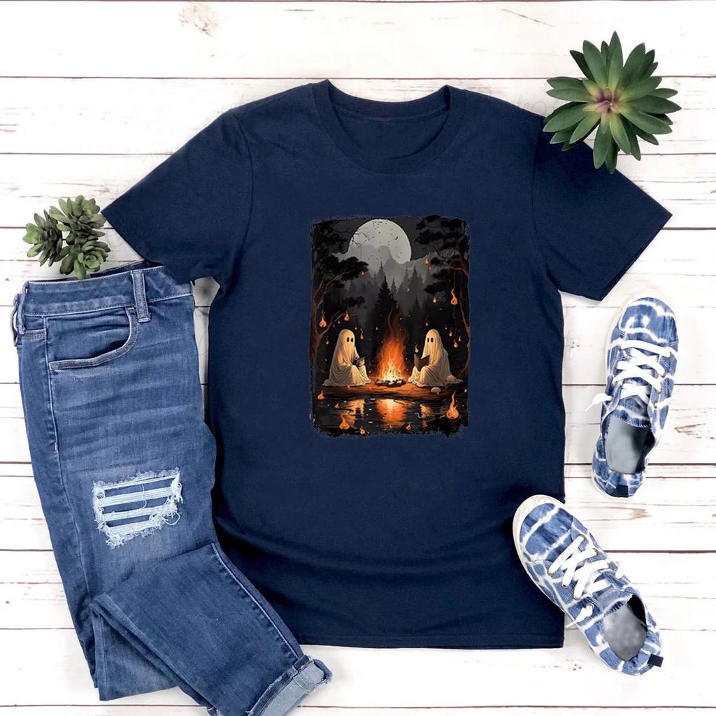 Camping Halloween Geist Buchlesen Shirt Halloween Kostüm Gruselige Jahreszeit T-Shirts Frauen Herbst T-Shirt Halloween Party T-Shirt
