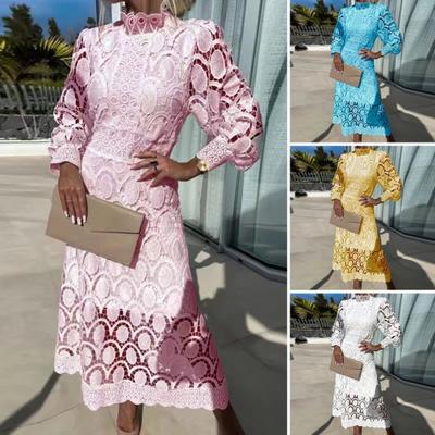 Women Spring Summer Dress Stand Collar Long Sleeves Hollow Out Lace Solid Color Double-layered Retro High Waist Prom Party Commute Maxi Dress