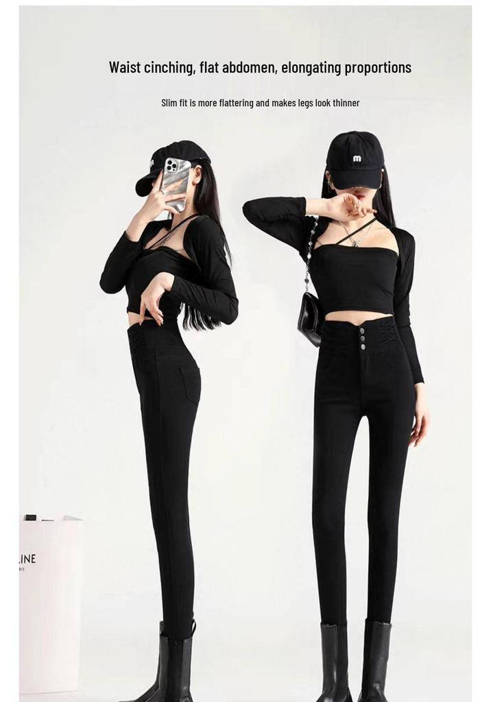 Women's Black High-Waisted Velvet-Lined Skinny Pants for Autumn/Winter 2025