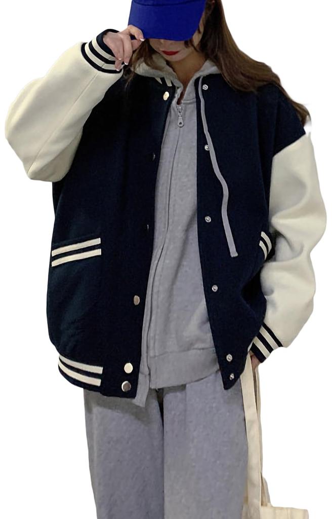 Azulte Stadium Long Loose Ribbed Korean 307 Size XL Women's Jacket, Sleeve, Casual, Fleece-Lined, Autumn/Winter Outerwear, Fit, Sleeves, Style,