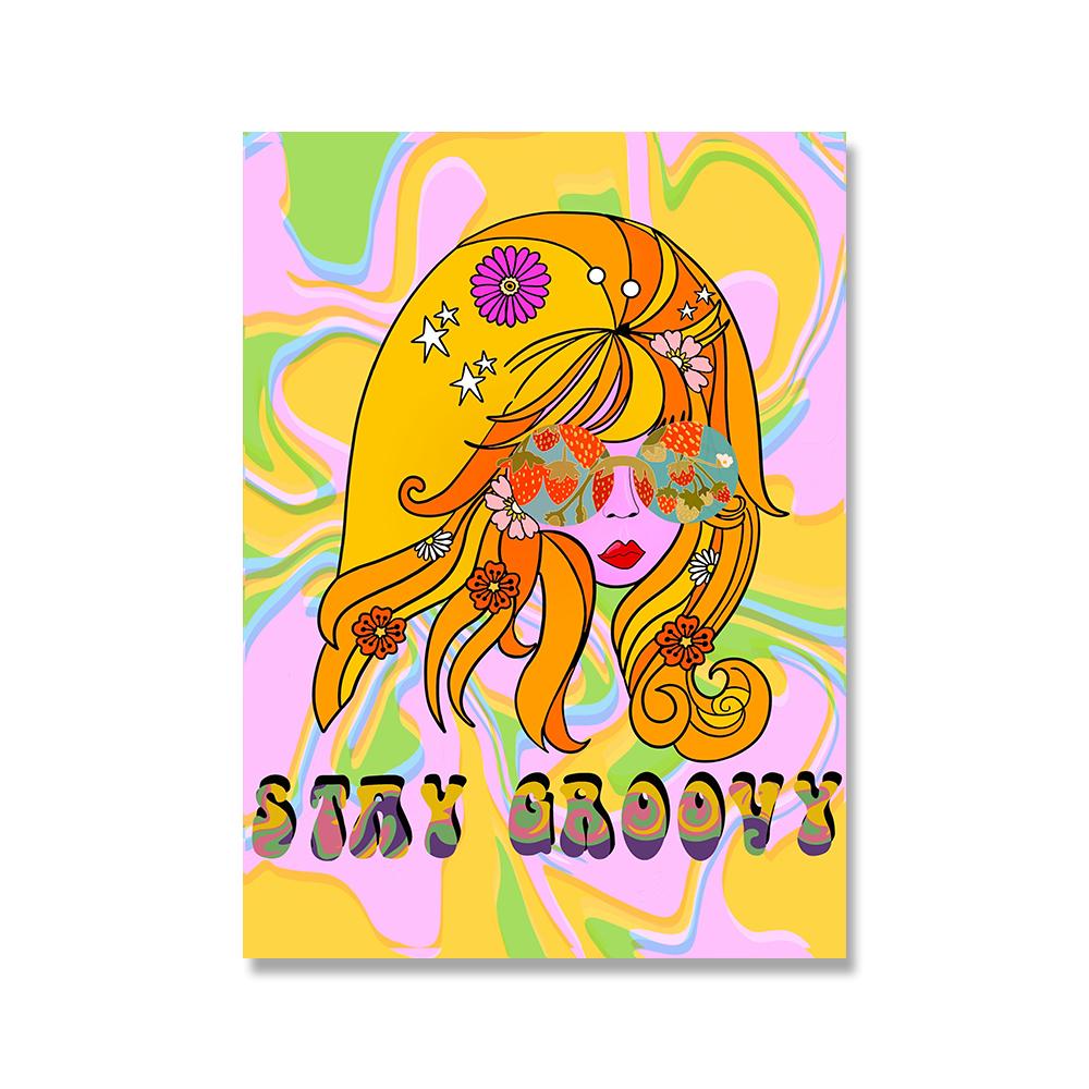 Böhmisch Retro Psychedelisches Poster 60er 70er Disco Bunt Leinwandmalerei Abstrakt Yoga Pose Wandbild Wohnzimmer Heimdeko