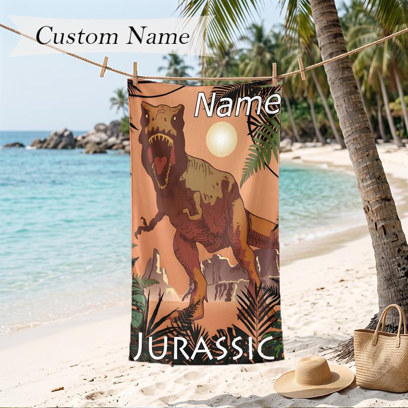 Dinosaur World Custom Name Printed Beach Towel Personalized Soft Towel For Swimming Beach Travel