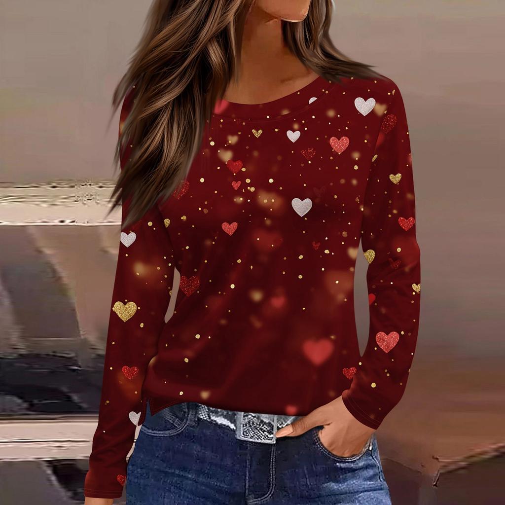 Women's Fashionable Long-Sleeved Round Neck Top with Slit Hem and Valentine's Day Heart Print