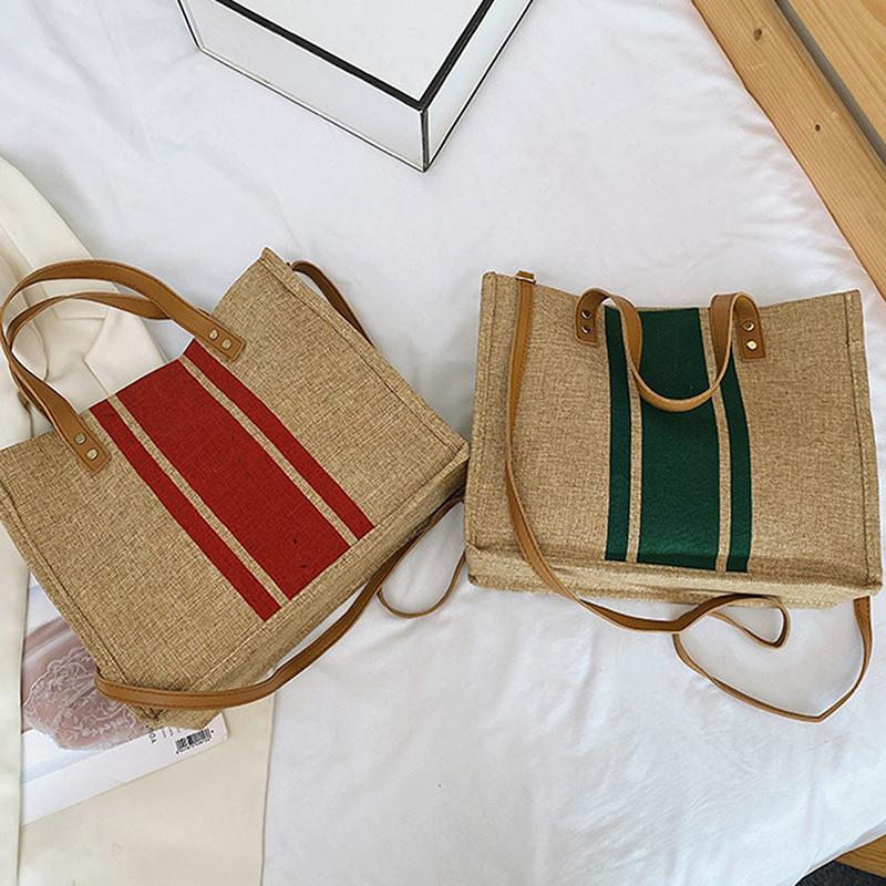 Simple Canvas Stripe Decor Bucket Handbags Women Top Handle Tote Bag Large Capacity Outdoor Mountaineering Bag Christmas Gifts