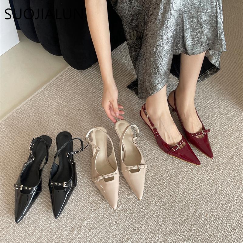 Fashion SUOJIALUN New Brand Women Sandal Shoes Fashion Pointed Toe Shallow Ladies Elegant Slingback Shoes Shallow Dress Pumps Shoes
