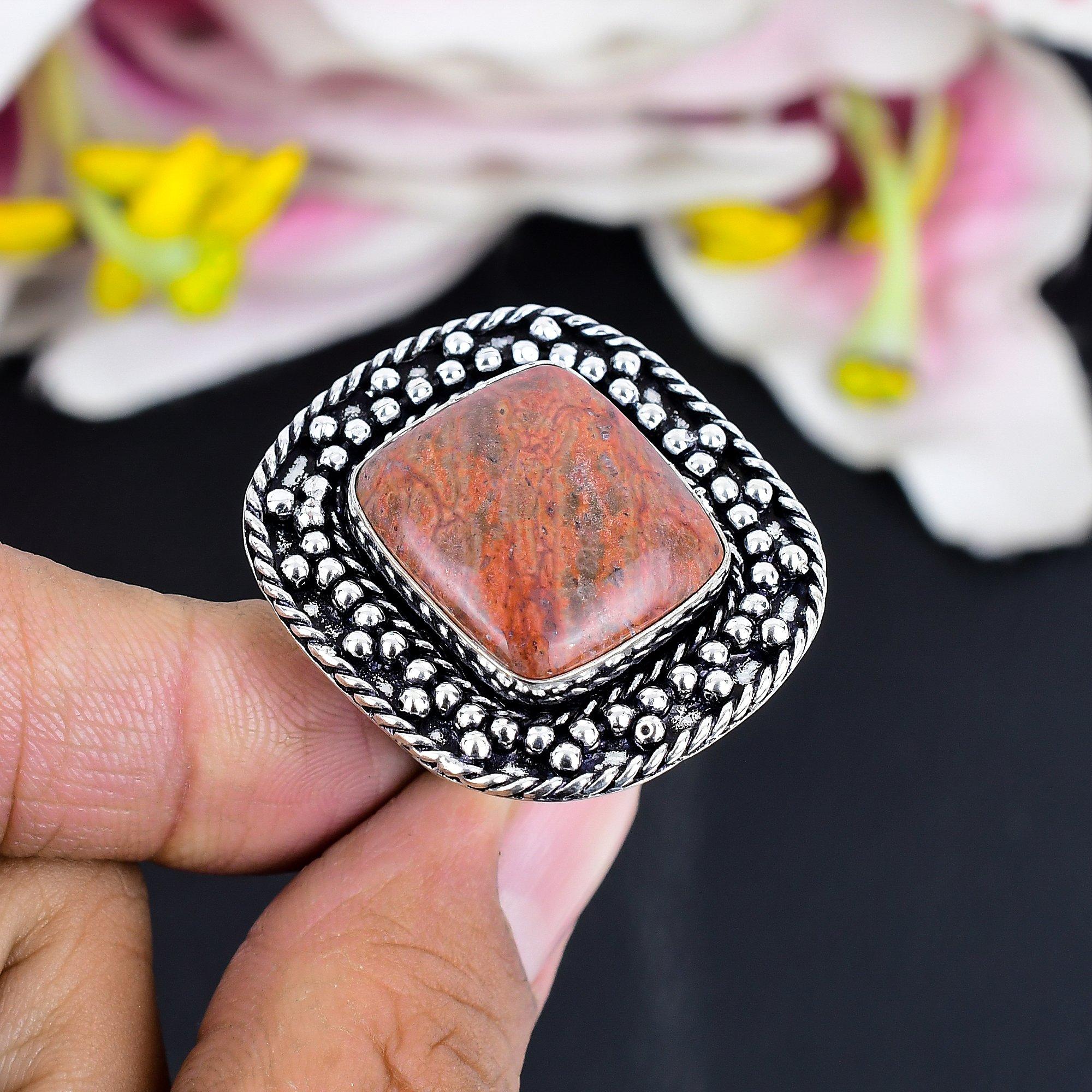 

Red Snakeskin Gemstone Handmade 925 Sterling Silver Jewelry Ring Size 8.5 KG-1719