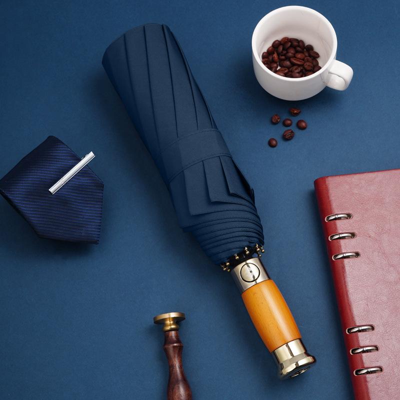 Automatic Light Luxury Wooden Handle Sun Umbrella Umbrella Oversized Men's Folding Umbrella