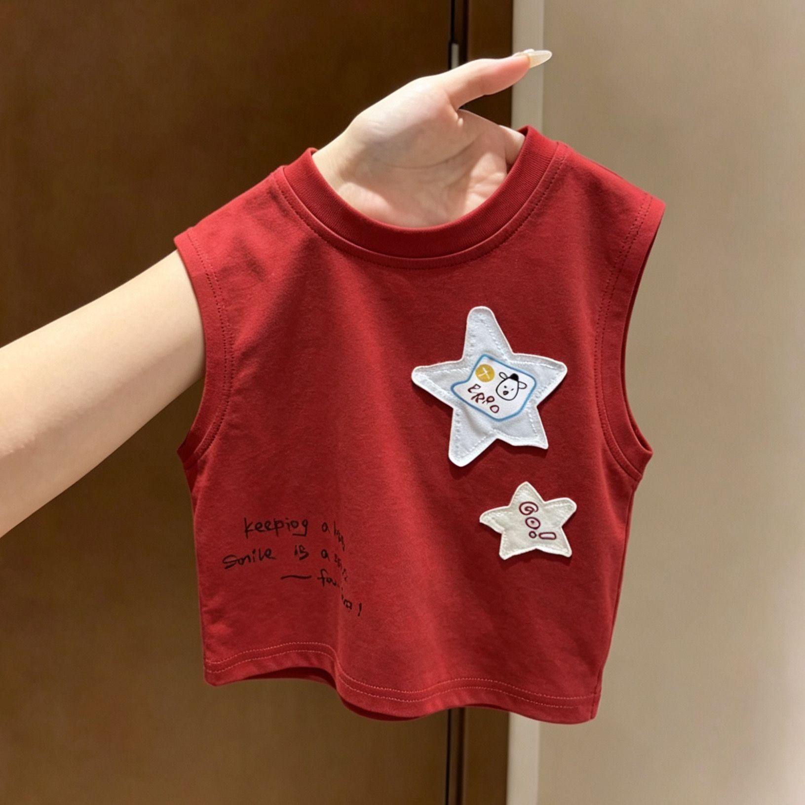 Boys Fashion Burgundy Star Patch Sleeveless Vest Summer Thin Tank Top 80 бордовый