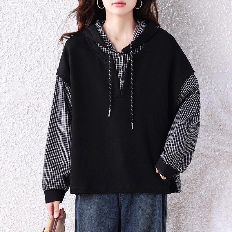 

Женская осенняя мода Универсальная клетчатая худи-толстовка пэчворк Свободный приталенный топ L