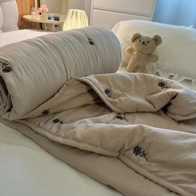 Colcha de Verão Minimalista Japonês e Fashion Cor Café Algodão Lavado Colcha Individual Com Ar Condicionado, Lavável à Máquina