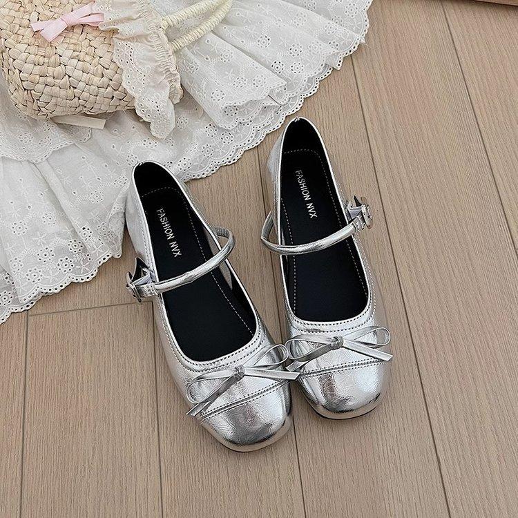 Silver Shallow Mouth Wind Flat Single Shoes Female Summer Round Head Mary Jane Shoes Fashionable and Comfortable