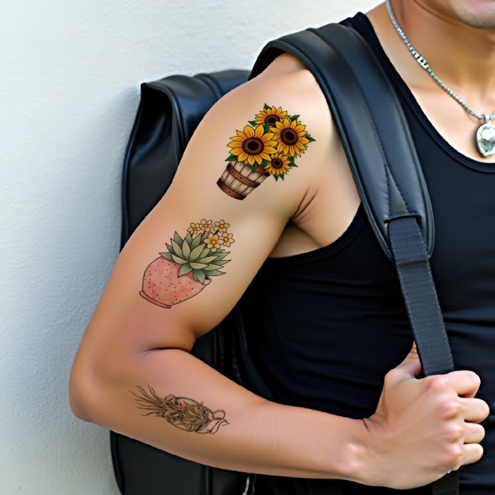 28pcs Temporary Tattoo Temporary Tattoo Stickers Bonsai Daisy Pineapple Plant For Arms Chest Men